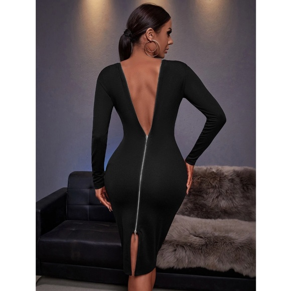 Rouge! Dresses & Skirts - Black Sexy V-Cut Back Long Sleeve Slim Midi Dress Backless